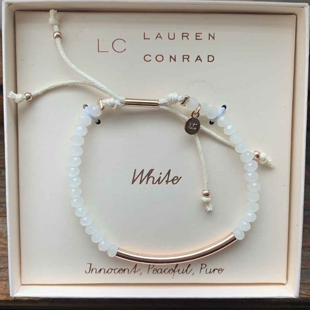 LC Lauren Conrad White Beaded Gold Tone Slider Pull Tie Bracelet